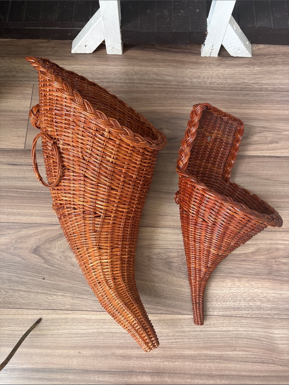 Vintage Handwoven Brown Rattan Wall Cone Basket Pair - Home Accents